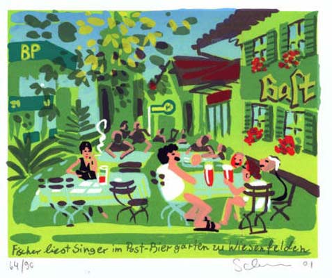 Fischer liest Singer im Post-Biergarten zu Wiesenfelden